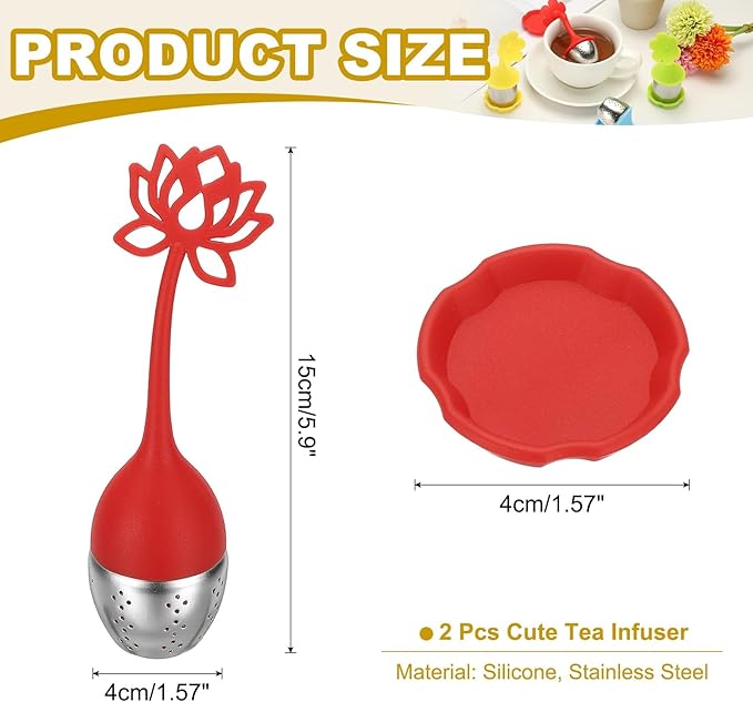 uxcell 2 Pcs Lotus Tea Infuser, Stainless Steel Loose Leaf Tea Steeper Filter with Silicone Handle Reusable Coarse Pores Mesh Strainer Diffuser for Teacups Teapots Mugs, Red