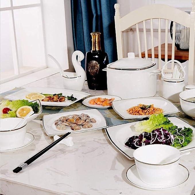 Elegant Fine Dinnerware Set,White Porcelain Dinnerware Set, Ceramic Plates and Bowls Sets, Vintage Lounge Round Dishes Set Dinner Plates for Kitchen Dining, Service for 1