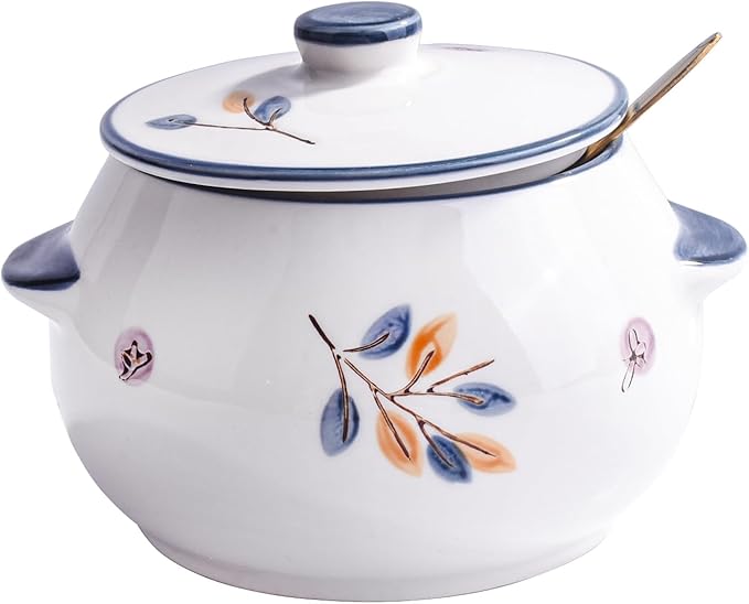 Large Ceramic Sugar Bowl with Spoon 15.2oz - Rustic Farmhouse Kitchen Canister for Sugar, Coffee, Tea - Elegant White Countertop Storage Jar, Perfect Dining Table Decoration (lh)
