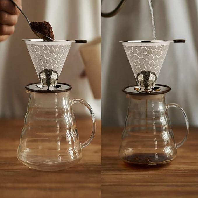 Pour Over Coffee Dripper Stainless Steel Coffee Filter Cone Paperless Reusable Single Cup Coffee Maker 1-2 Cup with Non-Slip Cup Stand and Cleaning Brush