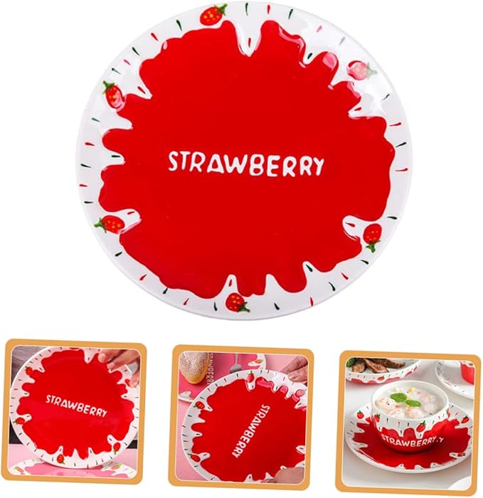 Food Serving Dish Hand-painted Strawberry Ceramic Plate for Pasta Desserts and Breakfast Cute Tableware for Birthday Parties and Home Use