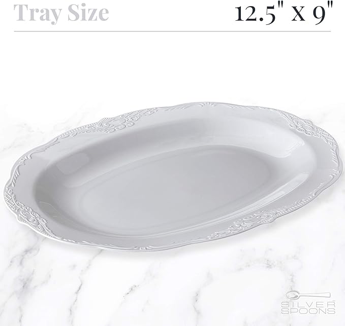 Vintage Embossed Serving Trays (3 PC) Disposable Platters for Party 12.5" x 9", Plastic Trays for Food, Snacks, Charcuterie, Desserts, Sweets, Perfect for Upscale Weddings, Buffets, and Events - Grey