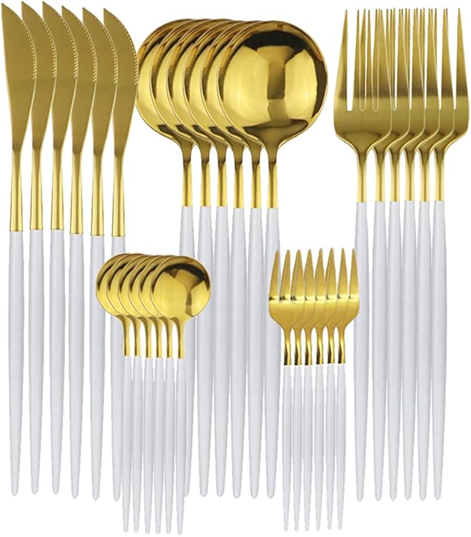Gugrida 30Pcs Mirror Polish White Handle Gold Spoon Cutlery Set 304 Stainless Steel Dinnerware Set Kitchen Tableware Set Fruit Cake Fork Flatware Silverware Table Set,Service for 6