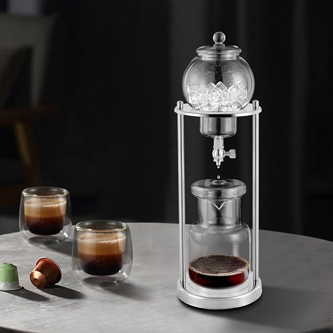 Metal Cold Brew Drip Tower, Ice Cold Drip Tower 600ml Capacity, Iced Coffee Cold Brew Drip Tower, Ice Coffee Maker for Home, Coffee Shops, Offices 6-8 Cups (Silver)