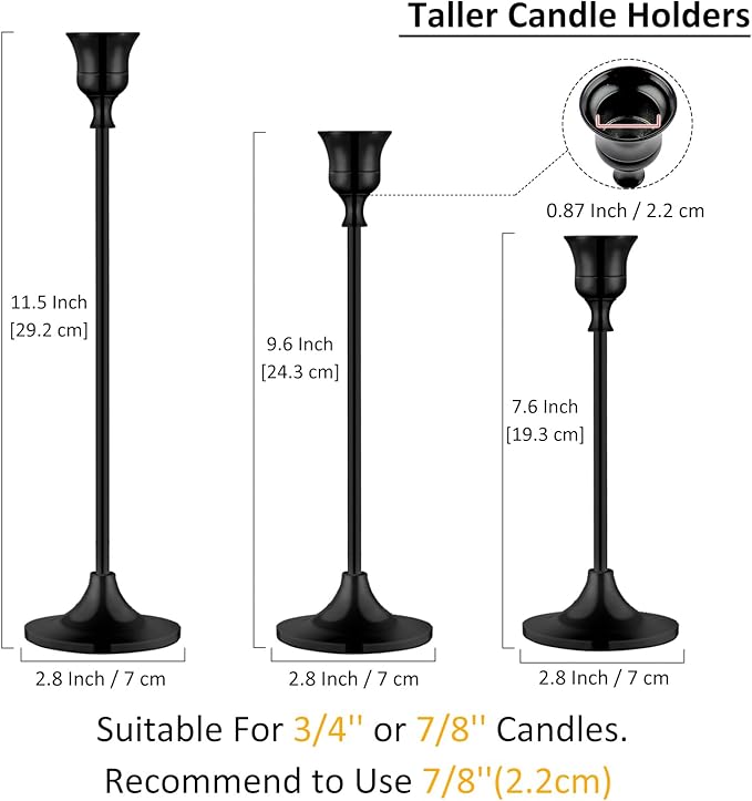 Metal Candle Holders for Candlesticks Taper Candlestick Holders Set Vintage Decorative Centerpiece Candelabra Tall Candle Stands (Matt Black, 4 Sets (12 pcs))