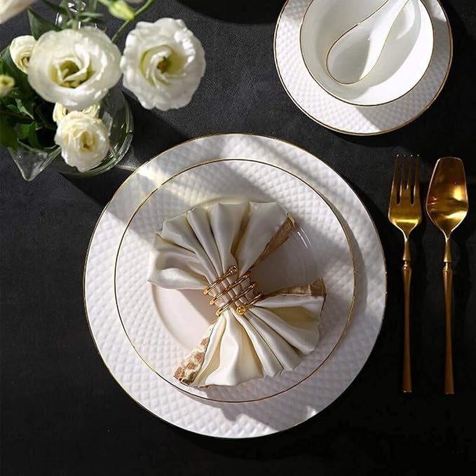 Ceramic Tableware Set, Bowls/Plates/pots/Spoons | Exquisite White Porcelain Set with Gold Embossed Design, 49 Pieces.,