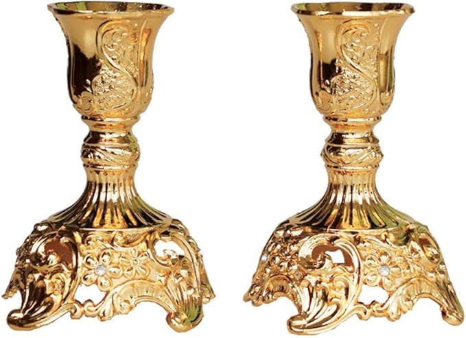 Taper Candle Holders with Deluxe Engraved Design, Set of 2 Premium Candlestick Holders in Gold