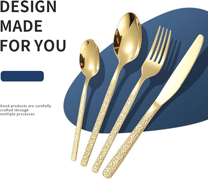 Pssopp 6 Piece Stainless Steel Cutlery Set, Serving Sets Forks Spoons for Restaurant Wedding Party Home (Stone Pattern Gold)