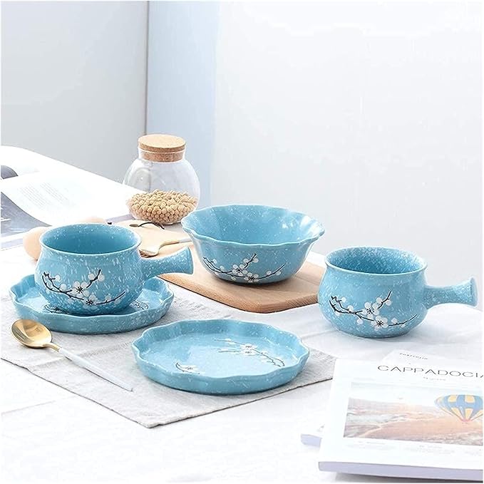Dinnerware Sets Dish Set,Ceramic Plate Set,5-Piece Porcelain Japanese Tableware Set with Handle Bowl Plate,Service for 1,Great Gift for Friends and Home (Blue One Size)