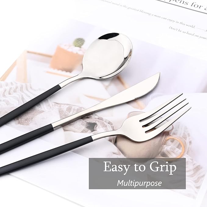 8-Piece Picnic Tableware Set, Mirror 18/0 Stainless Steel Couple Cutlery Set Include Knife, Fork, Spoon, Coffee Spoon, Metal Daily Basic & Classic Utensils For 2 People, Black Silver