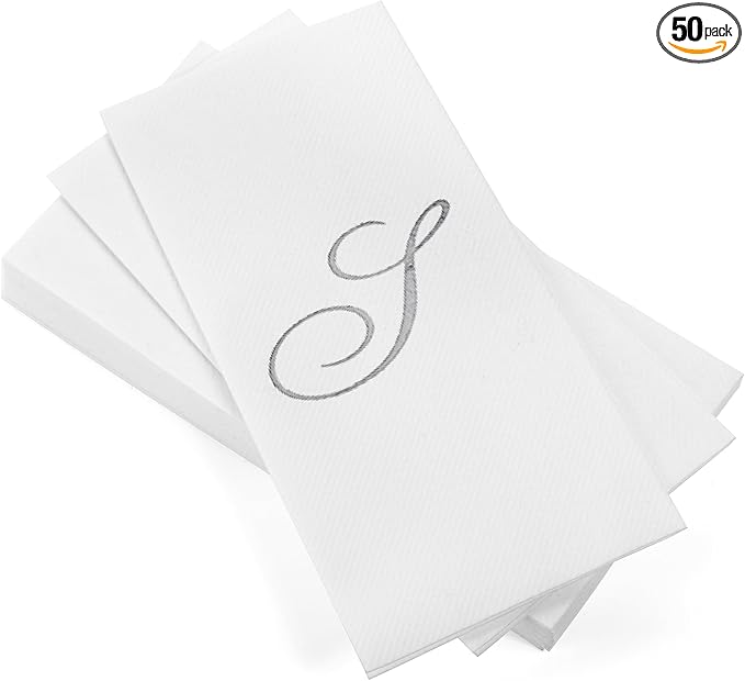 AMERICAN HOMESTEAD Disposable Hand Towels - Silver Foil Monogrammed Guest Napkins - Linen-Like Bathroom Paper Towels for Guests - Perfect Wedding and Party Napkins - 50 Count (Silver S)