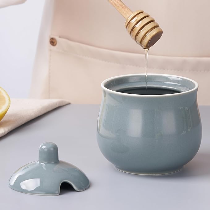 Ceramic Sugar Bowl with Lid and Spoon, Grey Porcelain Sugar Salt Pepper Storage Jar, 8 Ounces