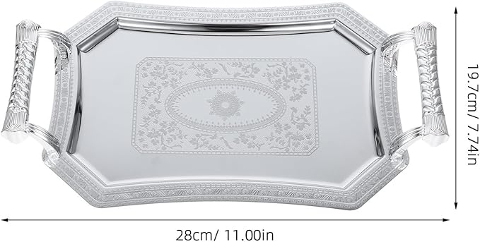 Silver Serving Tray: 11" Stainless Steel Serving Platter with Handles - Vintage Metal Rectangular Fruit Snack Tray for Dessert, Jewelry & Coffee Table Decor