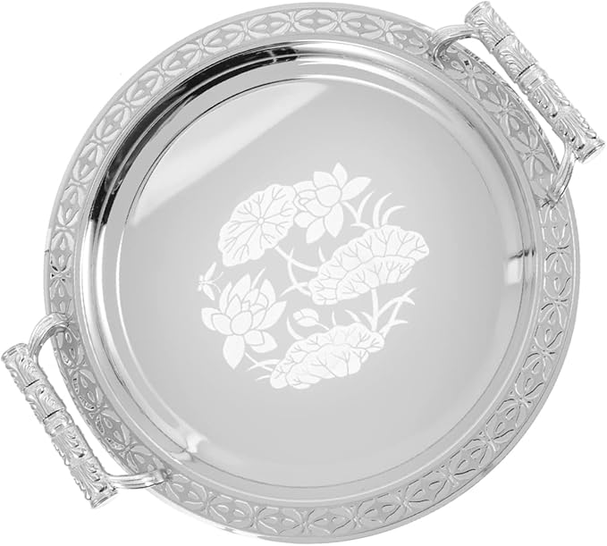 European Style Fruit Plate Silver Pattern Snack Serving Tray Stainless Plastic Dessert Storage for Home Picnic Party Breakfast and Dinner