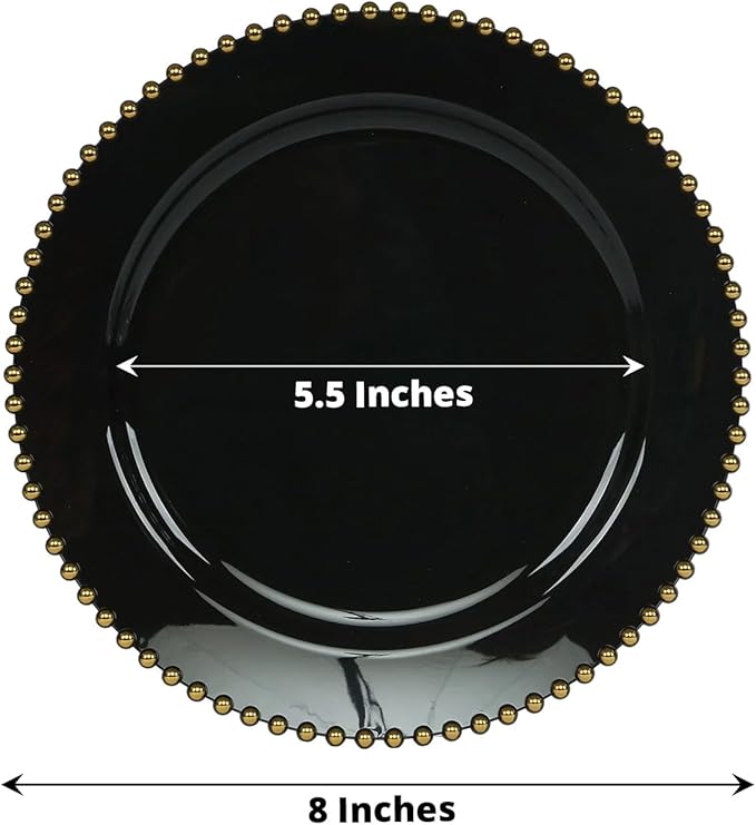 8" Salad Plates - Set of 20 - Plastic Black Gold Round Disposable Dessert Appetizer Plate Beaded Rim, Ideal for Dinner Party Wedding Bulk Events