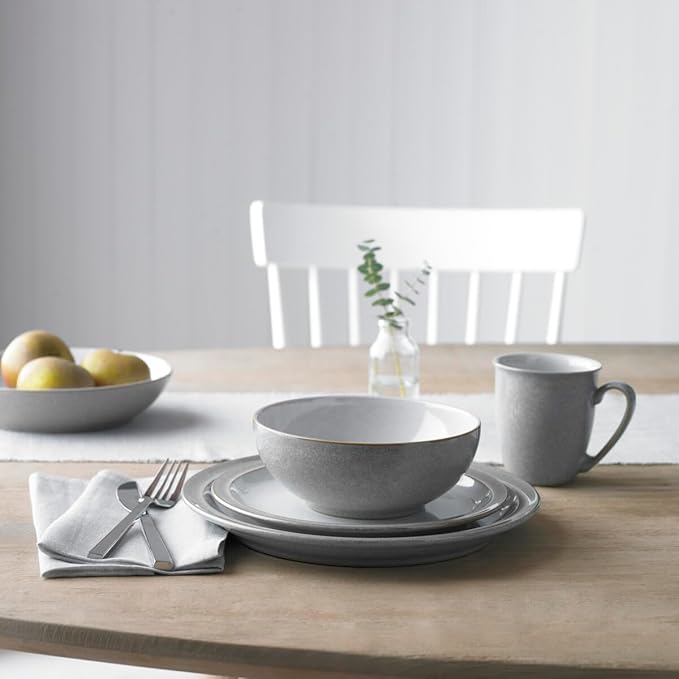 Denby - Elements 8 Piece Dinner Set For 2 - Light Grey, Dishwasher, Microwave Safe, Oven Proof Plate & Bowl Set - 4 x Lunch Plates, Dinner Plates, Cereal Bowls & Coffee Mugs - Chip Resistant Tableware