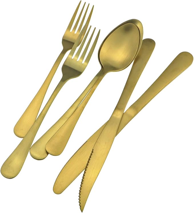 Gugrida 24-Piece Titanium Gold Plated Stainless Steel Flatware Set, Travel Cutlery Include Knife Fork Spoon Service for 4,Healthy & Eco-Friendly Silverware - Matte Elegant Modern Eating Utensils
