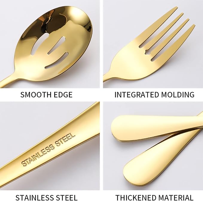 11-Piece Serving Utensil Set, Stainless Steel Modern Flatware Serving Set Serving Spoons Fork Knife Ladle, Tableware Cutlery for Home Restaurant Buffet Party (Gold)