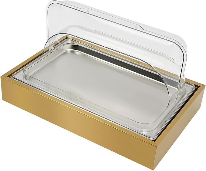 Single Compartment Ice Food Display Tray, 1.59Gal Stainless Steel Buffet Cooler Platter with Clear Lid & Reusable Gel Ice Box, for Outdoor Party Restaurant - Gold (Gold-1)