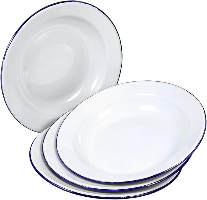 PRETYZOOM 4pcs Flat Rim Enamel Plates Scratch-Resistant Ceramic Dinnerware for Appetizers Desserts and Salads Vintage White Enamel Serving Dishes for Home and Outdoor Use