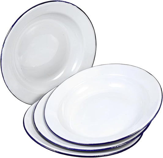 PRETYZOOM 4pcs Flat Rim Enamel Plates Scratch-Resistant Ceramic Dinnerware for Appetizers Desserts and Salads Vintage White Enamel Serving Dishes for Home and Outdoor Use