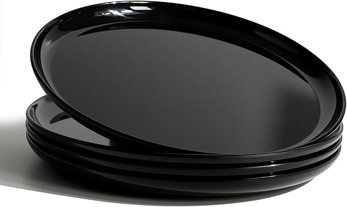 ONEderful 11 Inch Melamine Dinner Plates Set of 4 - Black Modern Flat Plates, Durable & Lightweight Catering Dishes for Parties, Picnics, Holidays, Dishwasher Safe (Black)
