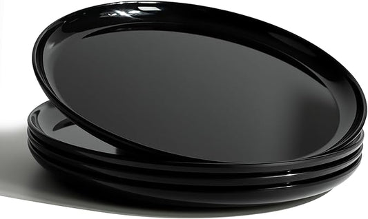 ONEderful 11 Inch Melamine Dinner Plates Set of 4 - Black Modern Flat Plates, Durable & Lightweight Catering Dishes for Parties, Picnics, Holidays, Dishwasher Safe (Black)