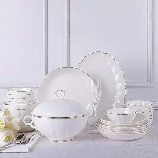56 Pieces Dinnerware Set for 12 People, Porcelain Bone China Kitchen Dinning White Round Dinner Tableware Combination Set with Cereal Bowls Dessert Plates Dishes and Soup Pot,