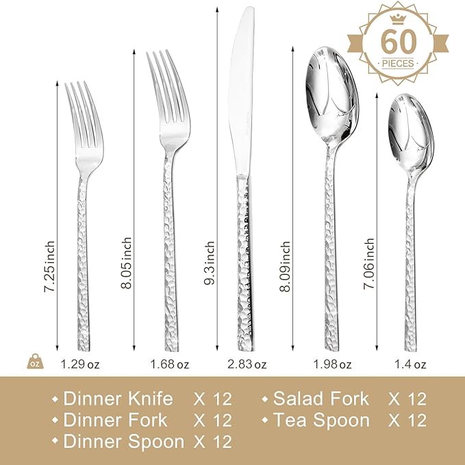 KINGSTONE 60 Piece Hammered Silverware Set and 12 Piece Serving Utensils Set