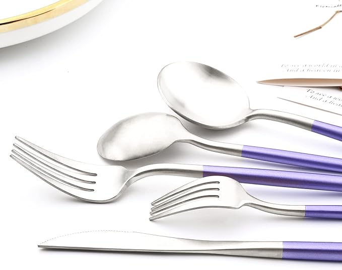 24-piece Snplowum Silver Satin Finished Serving Set, 18/10 Stainless Steel Flatware With Purple Round Hanle For Daily Use Salad Coffee Include Knife/Fork/Spoon, Service For 4 (Purple Silver)