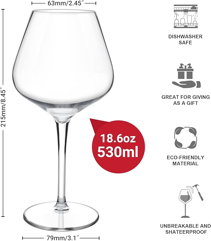 HAHASHOW Unbreakable Wine Glass, Tritan Plastic Red/White Wine Glasses, 18 oz wine Glasses, Dishwasher available Glassware, Set of 4, for Picnic, Pollside, Wedding, Party Gift