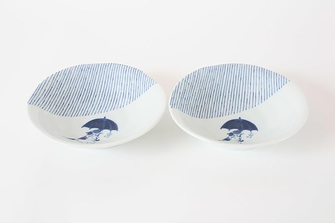 Mino ware Japanese Ceramics Pair Round Plate Japanese Cat (set of two) made in Japan GBS220 (Medium Deep, Umbrella)