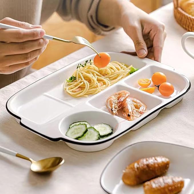 Large White Dinner Plates Ceramic Divided Plate 12 Inch 4 Compartment Porcelain Portion Control Plate for Adults Bariatric Diet - Microwave, Oven, and Dishwasher Safe