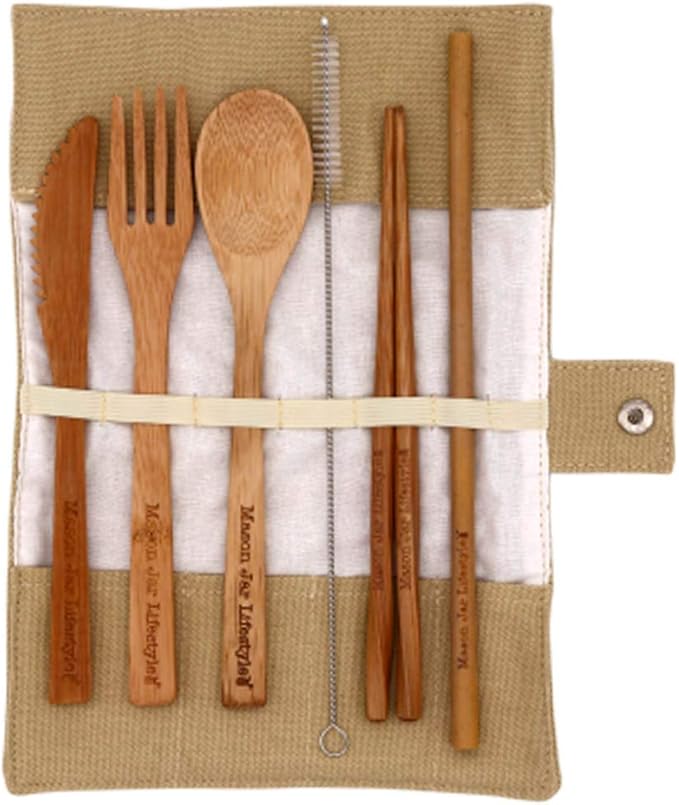 Travel Bamboo Utensil | Flatware | Cutlery Set With Cotton Carrying Case by Mason Jar Lifestyle