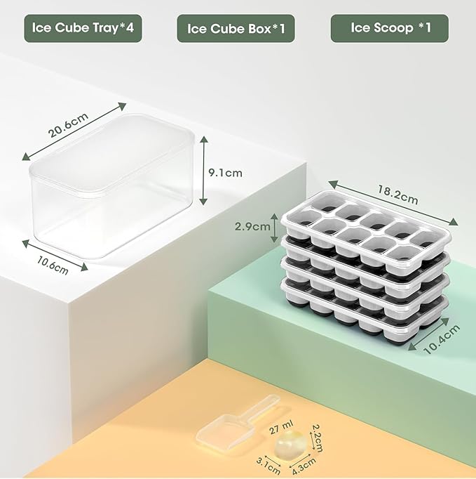 DOQAUS Ice Cube Tray with Lid and Bin - 4 Pack Silicone Ice Cube Trays for Freezer, Stackable Ice Bucket Kits with Storage Container & Scoop for Kitchen, RV, Cocktail, Coffee