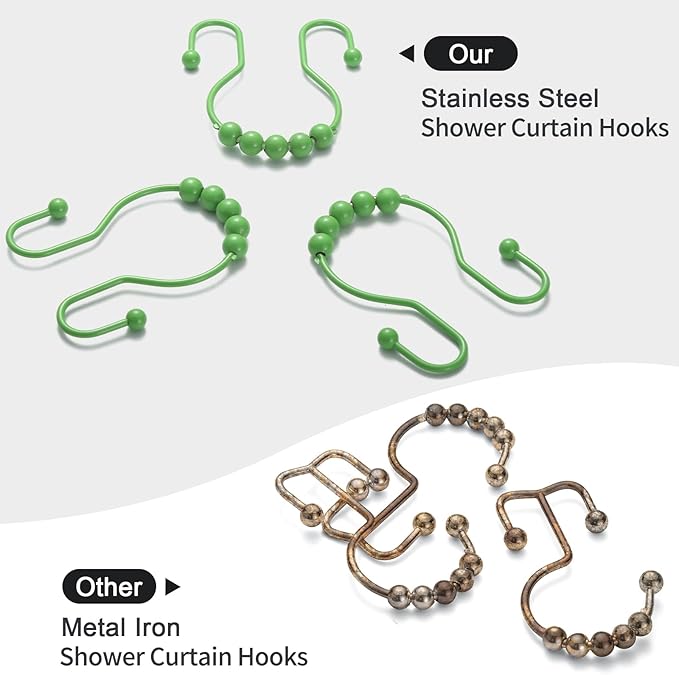 Goowin Shower Curtain Hooks, 12 Pcs Shower Curtain Rings, Stainless Steel Shower Curtain Hooks Rings Rust Proof, Smooth Sliding Anti-Drop Double Shower Hooks for Shower Curtain, Rods (Green)