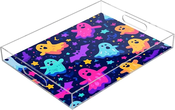 Serving Tray with Handles Clear Acrylic Tray 12x16 Inch Decorative Rectangular Tray Organizer for Ottoman Coffee Table Bathroom Neon Halloween Ghosts Stars Bats