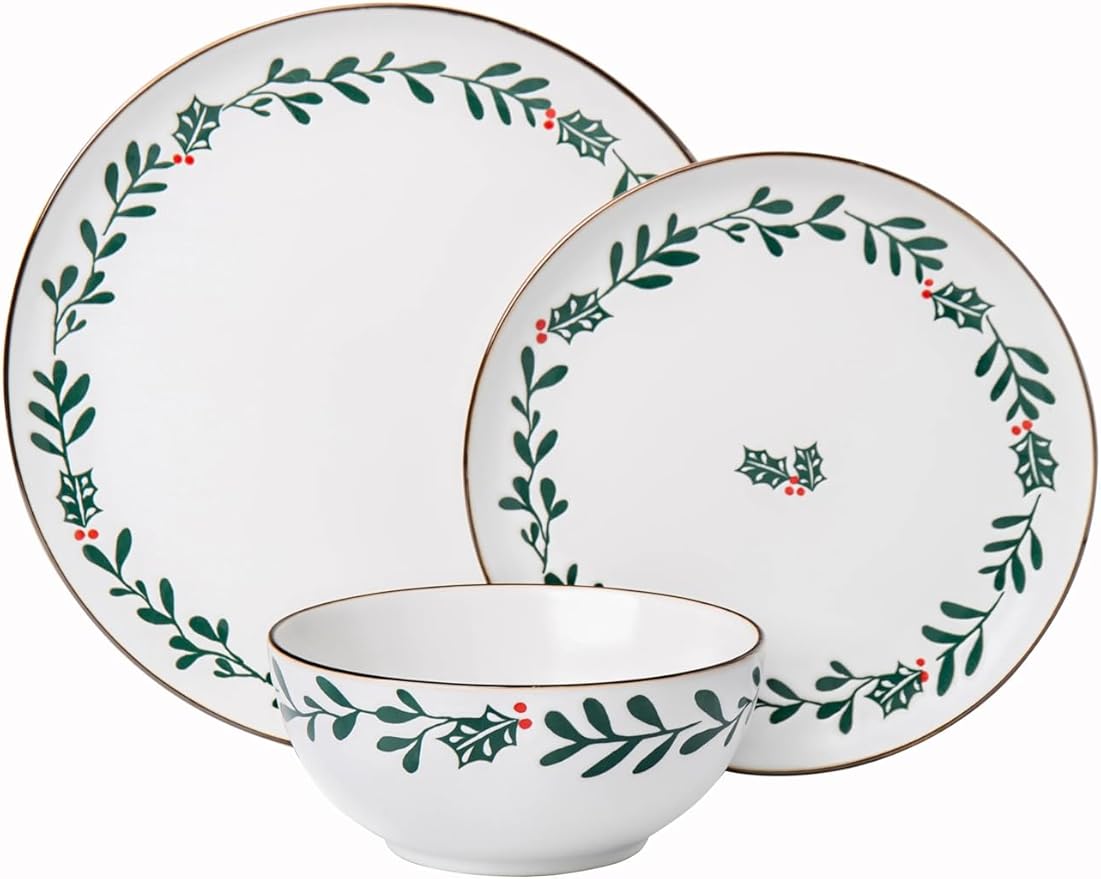 12-Piece Holly Pattern Ceramic Dinnerware Set, Holiday Matte Glaze Plates Bowls, Dishwasher & Microwave Safe, Daily Use & Christmas Tableware, White