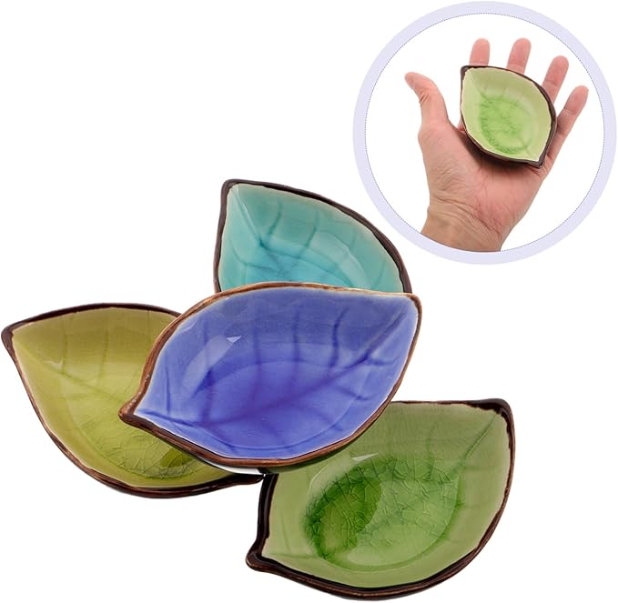 4pcs Crackle Glaze Ceramic Leaf Plates Small Appetizer Dishes for Condiments Sushi Jam and Desserts Yellow Lake Blue and Green Versatile Porcelain Saucers for Parties and