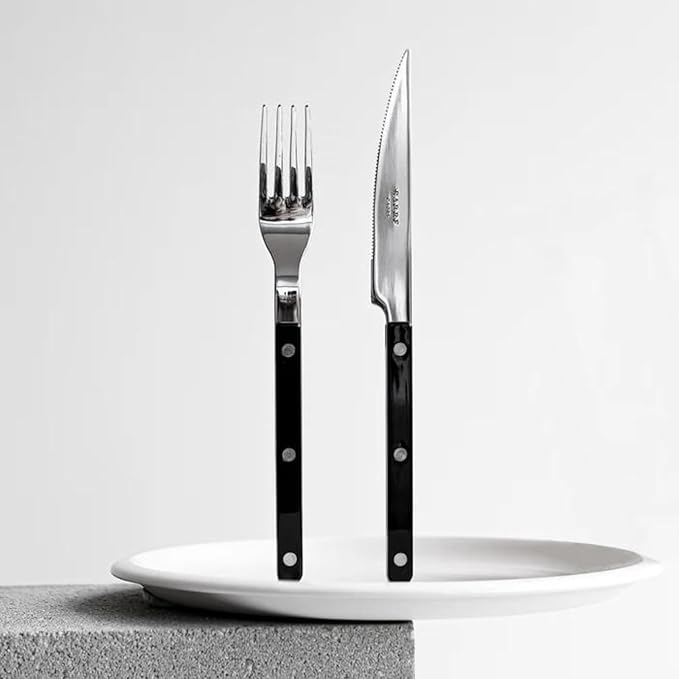 SABRE PARIS - 5-Piece Flatware Set - Bistrot Collection - Knife, Fork, Soup Spoon, Teaspoon & Dessert Fork - Stainless Steel & Nylon - Dishwasher Safe - Black - Brilliant Finish