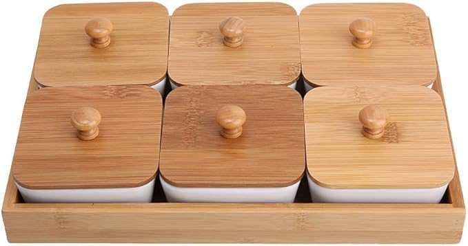 Ceramic Appetizer Serving Plate with Tray Cover, Snack Serving Plate for Fruits Nuts Desserts, BPA - Free White Ceramic Square Bowl with Separate Compartments, Modern Design (Six compartments with