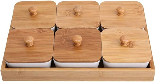 Ceramic Appetizer Serving Plate with Bamboo Tray, Ideal for Fruits, Nuts, Desserts, Modern Design(6 Compartment-9cm)