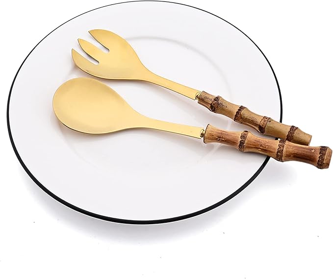 4 Piece Bamboo Handle Serving Set Utensils, 304 Stainless Steel Long Hanlde Serving Fork Spoon For Kitchen Buffet Banquet Wedding Party Cooking (4 Spoons, Gold)