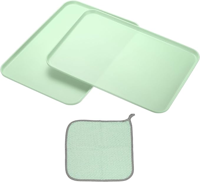 PATIKIL 15x10.6 Plastic Tray, 2 Pack Rectangular Plates Food Tray Wheat Plates Dishes Reusable Dessert Plate Trays with Cloth for Cake Fruits Salad Cupcake Steak Serving Green