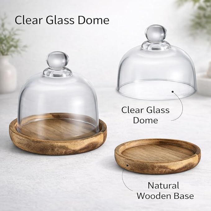 Mini Glass Dessert Display Stand with Dome Lid, Round Serving Tray with Clear Glass Cover, Small Cake and Cheese Display for Tabletop Use (brown)