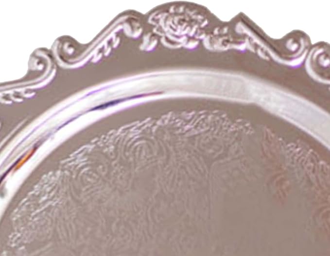 Round Fruit Plate, Metal Food Serving Tray Vintage Round Fruits Serving Platter Plates, Fruit Tray Dessert Cake Decorative Disk for Cakes, Desserts, and Baked Goods Wedding Holiday Party(Silver)