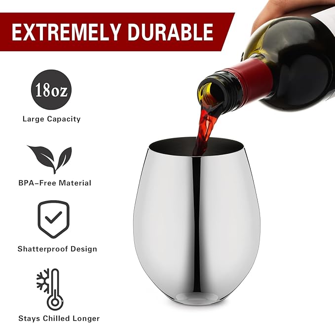 WOTOR Stemless Stainless Steel Wine Glasses Set of 4, 18oz Unbreakable Metal Wine Glass, Fancy, Unique Wine Goblets for Outdoor, Travel, Camping and Pool, Ideal Gift for Wine Lovers (Silver)