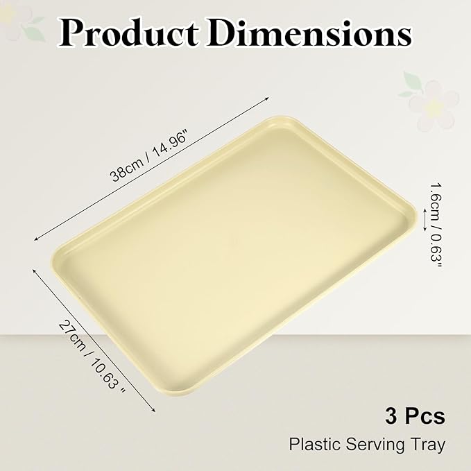 uxcell 3Pcs Plastic Serving Trays, 15 x 10.6 Inch Rectangle Food Trays Serving Cafeteria for Kitchen Restaurant Coffee Fruit Burger Lunch Dessert, Light Yellow