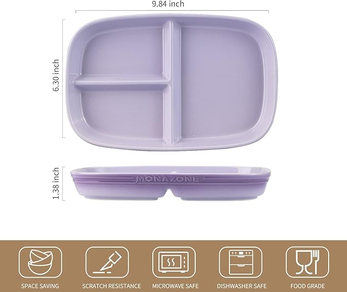 Portion Control Plate for Weight Loss, Ceramic Divided Plates with 3 Compartments for Adults and Kids, Dishwasher and Microwave Safe (Purple)
