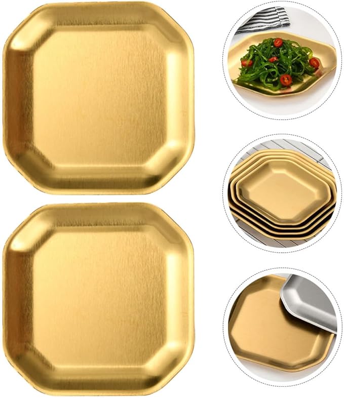 Uonlytech Stainless Steel Octagonal Snack Plates 12cm Gold Korean Style Pickle Dish Small Appetizer Plates 2pcs Set for Household Tableware and Party Serving